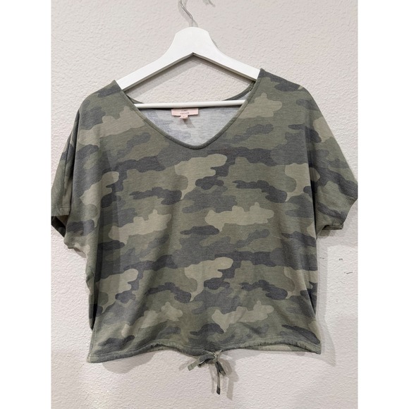 Como Vintage Tops - Como Vintage Camo Print‎ V-Neck Drawstring Tie Hem Top Green Grey Large